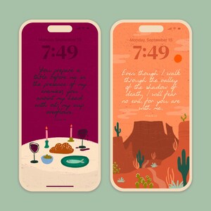 May include: Two smartphone lock screens with illustrations and text. One features a table setting with food and wine, the other a desert landscape with cacti. Both screens display the time 7:49 and Bible verses.