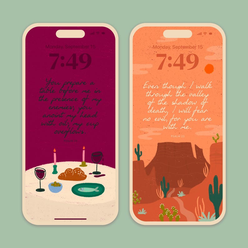 May include: Two smartphone lock screens with illustrations and text. One features a table setting with food and wine, the other a desert landscape with cacti. Both screens display the time 7:49 and Bible verses.