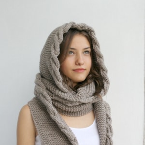 Light Brown Hooded Scarf, Cable Knit Hoodie Scarves, Knitted Long Hooded Scarf, Trend Scarf, Outdoors Gift, Mother's day Gift, Gift for Mom