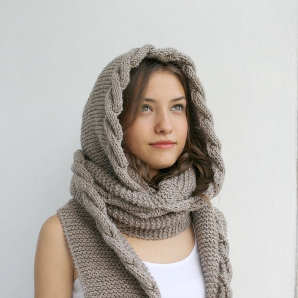 Cable Knit Hooded Scarf for Women, Long Cozy Knit Hood, Mother’s Day Gift for Mom, Handmade Winter Scarf
