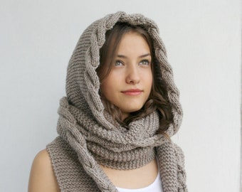Light Brown Hooded Scarf, Cable Knit Hoodie Scarves, Knitted Long Hooded Scarf, Trend Scarf, Outdoors Gift, Mother's day Gift, Gift for Mom