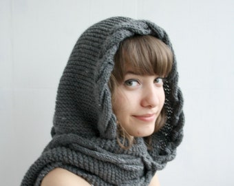 Dark Gray Wool Hooded Scarf, Long Hooded Scarf, Woman Gift Idea, Winter Knitted Hoodie, Knitted Hoodef Scarves, Christmas Gifts for Her