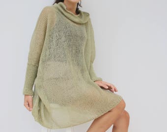 Light Green Loose Knit Angora TurtleNeck Sweater / Oversized Hand-Knitted Long Sleeves Poncho / Knitted Pullover Blouse / Clothing Gift