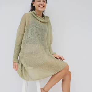 Light Green Loose Knit Angora TurtleNeck Sweater / Oversized Hand-Knitted Long Sleeves Poncho / Knitted Pullover Blouse / Clothing Gift image 1