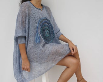 Hand Knitted Denim Blue Loose Knit Swater / Oversized Blue Poncho / Knitted Long-Sleeved Blouse / Handknit Wool Pullovers / Autumn Gifts