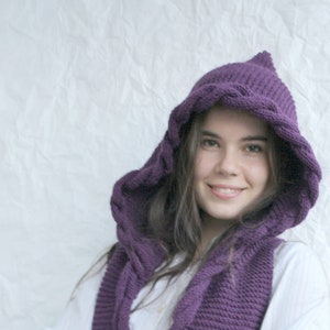 Wool Hooded Cable Scarf, Knitted Hooded Long Scarf, Woman Hoodie Scarf, Woven Hooded Scarf, Christmas Gift, Gift for Her, Gift For Women
