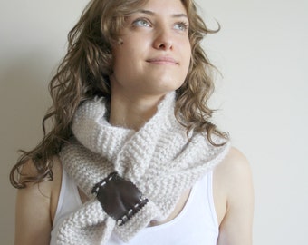 Beige  Mohair Brown Genuine Leather Bridge Scarf Collar Neckwarmer Gift for Woman