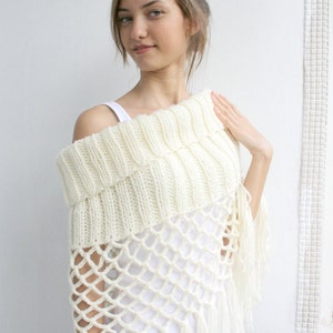 Mesh Poncho with Fringing, Ivory Hand Knitted Poncho, Pullover Neck Poncho With Long Fringe, Cape Poncho For Women, Christmas Gift for Her
