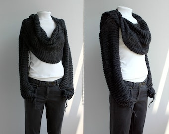 Multiform Sleeve Scarf, Hand Knit Charcoal Shrug, Christmas Gift For Woman, Gift For Her, Knit Bolero Jacket, Loose Knitted Wrap Shrug