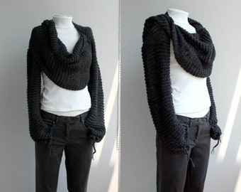 Bufanda multicapa, bolero tejido a mano color carbón, regalo de Navidad para mujer, regalo para ella, chaqueta bolero de punto, chal holgado de punto.