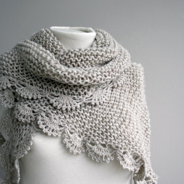 Beige Cozy Knit Triangle Shawl, Hand Knitted Shawl, Knitted Capes, Triangular Scarf with Crocheted edges