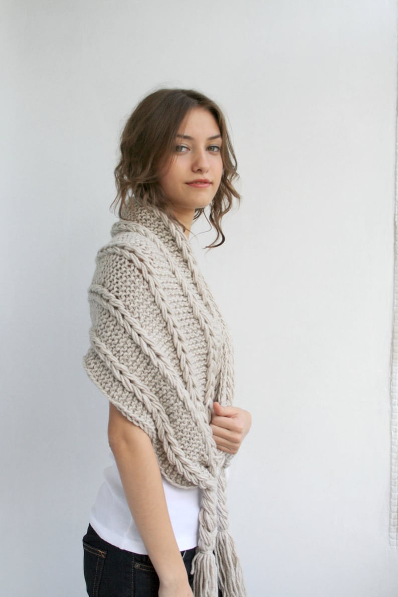 HandKnit Beige Shawl, Knit Rectangle Scarf, Knitted Beige Wrap, Gift For Her, Gift for Her, Gift for Woman, Mother's day Gift, Bridal Shawl image 4