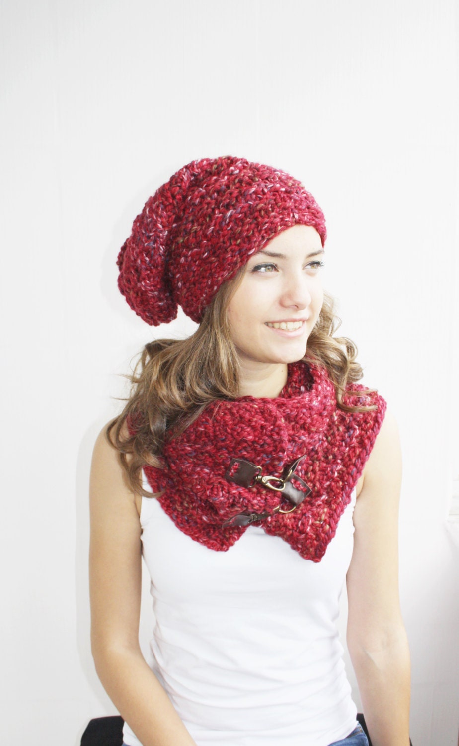 Red Scarf / Hat Warm Set Knitted Scarf and Hat Oversized, Chunky Knit ...