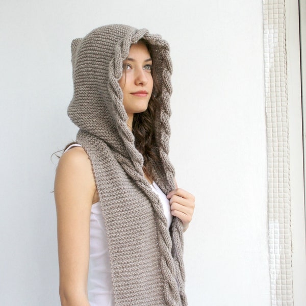 Light Brown Wool Hooded Scarf, Hand Knitted Hoodie Scarves, Gift Knitted Scarf, Girl Friends Gift, Christmas Gift for Her, Gift for Women