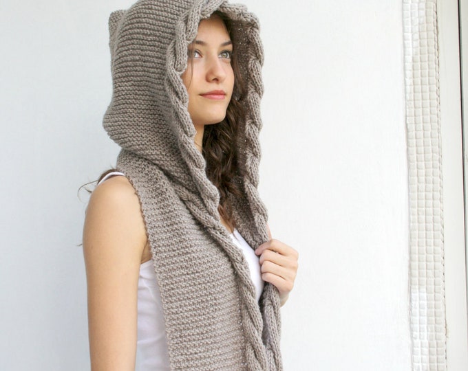 Light Brown Wool Hooded Scarf, Hand Knitted Hoodie Scarves, Gift Knitted Scarf, Girl Friends Gift, Christmas Gift for Her, Gift for Women