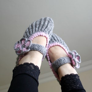 Gray and Sugar Pink Home Slippers, Knitted Slippers, Flowers Booties, Wedding Knitted Shoes, Gray Knitting Socks, Dancing Socks, Yoga Socks image 1