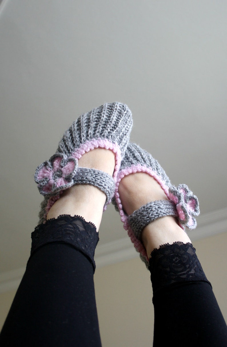 Gray and Sugar Pink Home Slippers, Knitted Slippers, Flowers Booties, Wedding Knitted Shoes, Gray Knitting Socks, Dancing Socks, Yoga Socks image 1