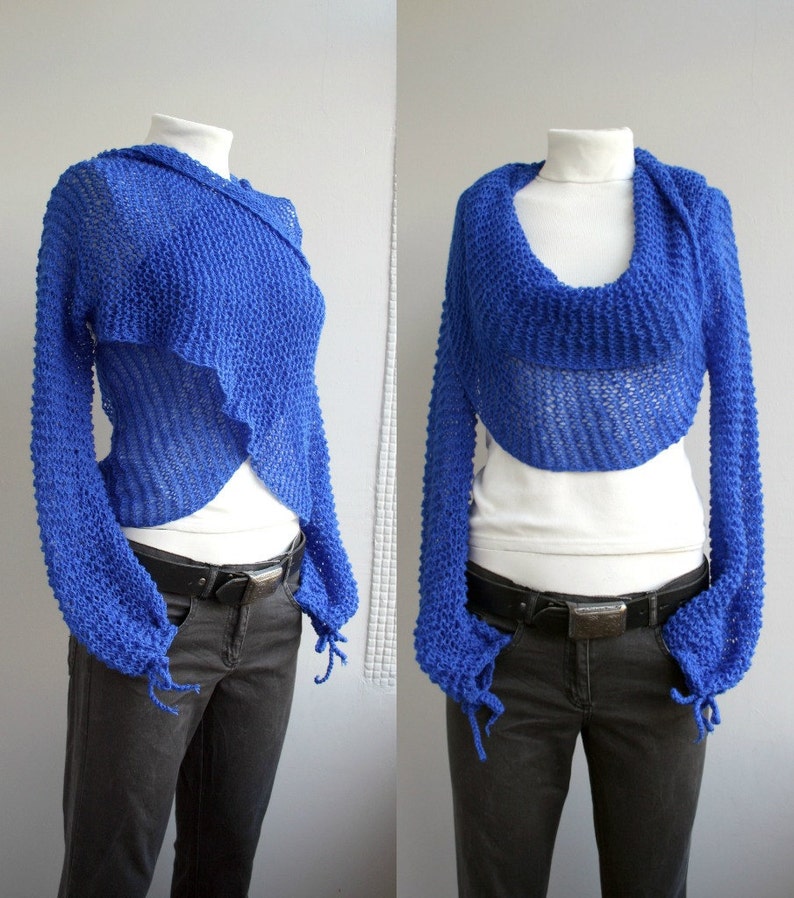 Royal Blue Knit Sleeve Shrug, Multiform Sleeve Scarf, Knitted Bolero, Christmas Gift, Gift For Her, Women Gift, Sleeve Wrap, Crop Cardigan image 1