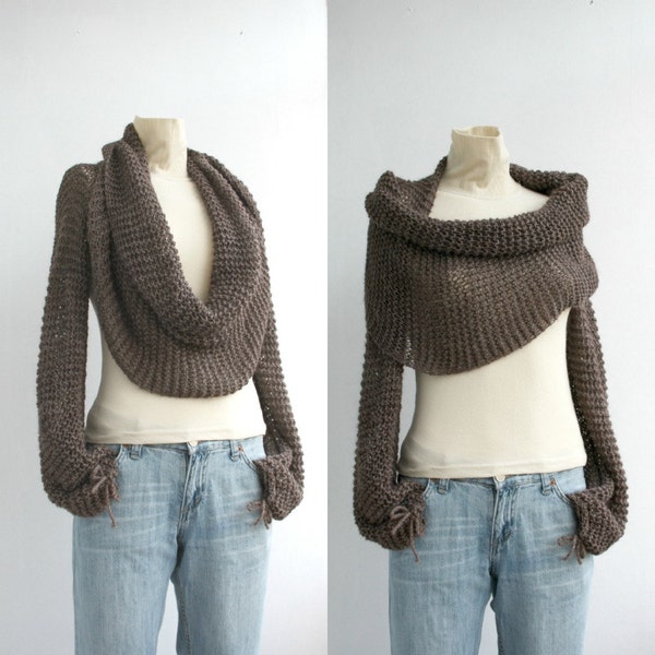 Knitted Brown Wrap Shrug, Hand Knit Over Size Bolero, Long Sleeves Scarf, Outdoors Gift, Gift For Her, Woman Fashion Trends, Christmas Gifts