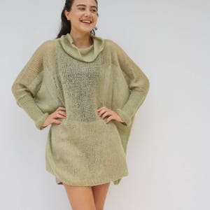 Light Green Loose Knit Angora TurtleNeck Sweater / Oversized Hand-Knitted Long Sleeves Poncho / Knitted Pullover Blouse / Clothing Gift image 7