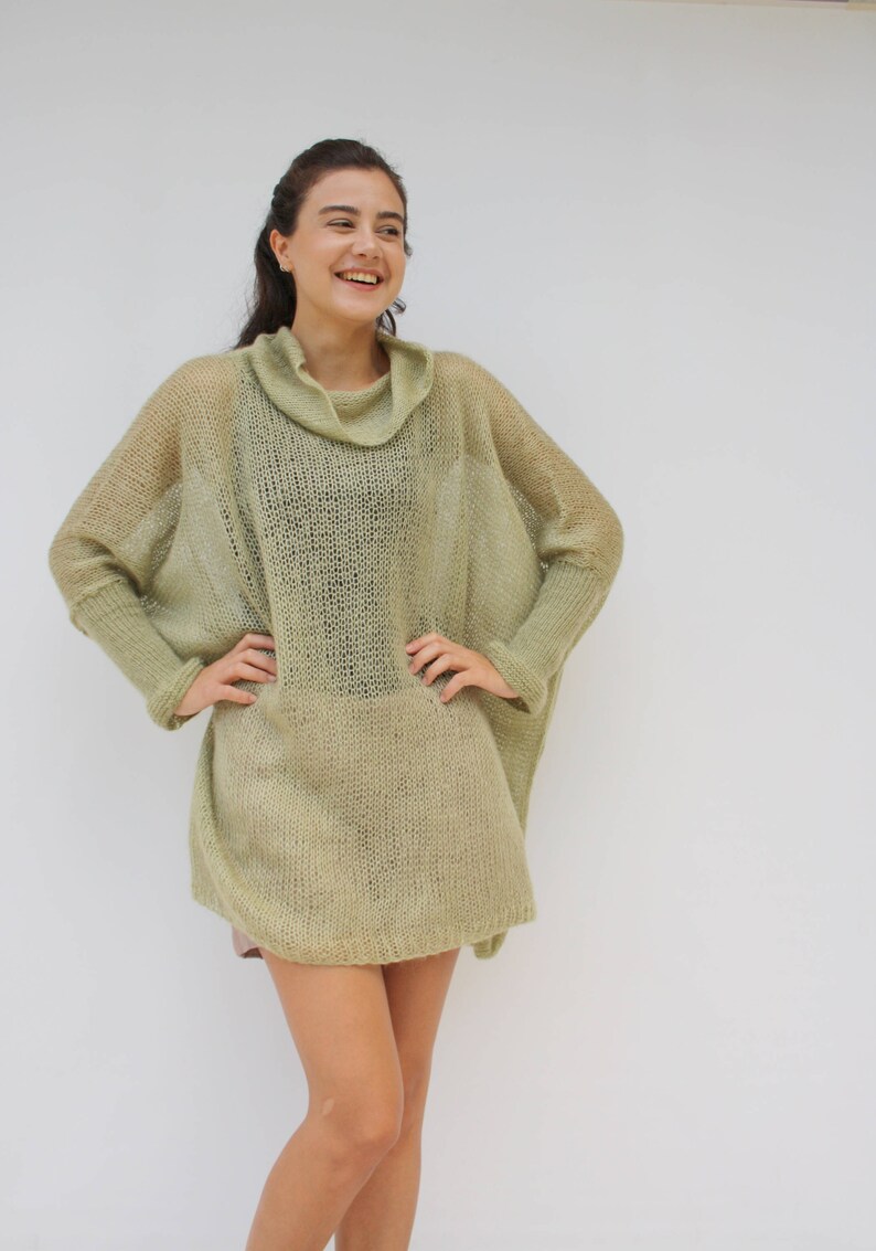 Light Green Loose Knit Angora TurtleNeck Sweater / Oversized Hand-Knitted Long Sleeves Poncho / Knitted Pullover Blouse / Clothing Gift image 7