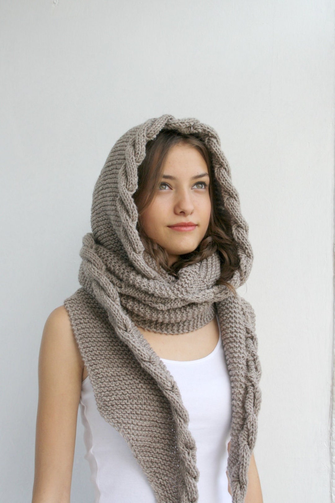 Light Brown Hooded Scarf, Cable Knit Hoodie Scarves, Knitted Long ...
