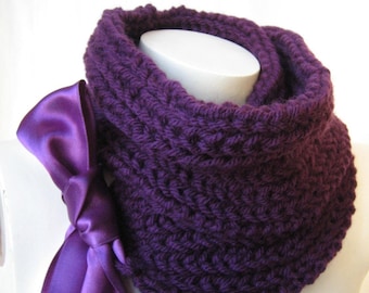 Purple Hand Knit Scarf, Knitted Coarse Scarf with Purple Satin Ribbon, Mother's day gift, Gift for Women, Knitting Accessories, Neckwarmer