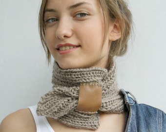 Hand Knit Milky Brown Mohair Brown Scarf With Leather Bridge / Knitted Collar / Neckwarmer Fall Fashion Knit Accessories