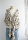 Hand Knitted Beige Rectangle Shawl, OverSize Long Cable Scarf, Winter Knit Accessories, Mothers Day Gift, Clothing Gift, Outdoors Gift,