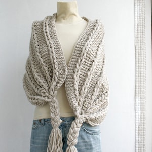 Hand Knitted Beige Rectangle Shawl, OverSize Long Cable Scarf, Winter Knit Accessories, Mothers Day Gift, Clothing Gift, Outdoors Gift,