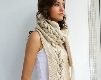 Beige Wolle spezielles Design von DenizGunes stricken Schal Geschenk unter 75 für Frauen für Freundin-Weihnachts-Geschenk
