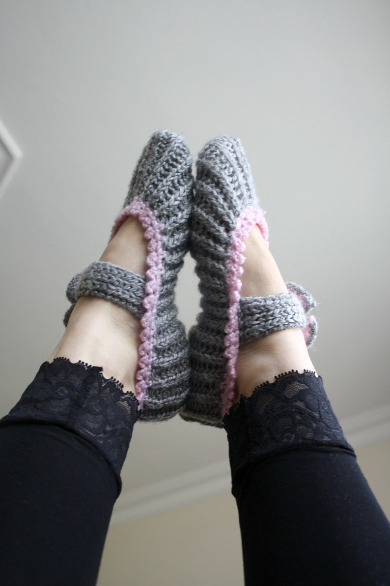 Gray and Sugar Pink Home Slippers, Knitted Slippers, Flowers Booties, Wedding Knitted Shoes, Gray Knitting Socks, Dancing Socks, Yoga Socks image 2