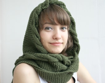 Hand Knit Green Wool Hooded Cable Long Scarf, Woman Fashion Trends, Autumn Gifts, Knit Scarf, Outdoors Gift, Christmas Gifts, Gift for Her