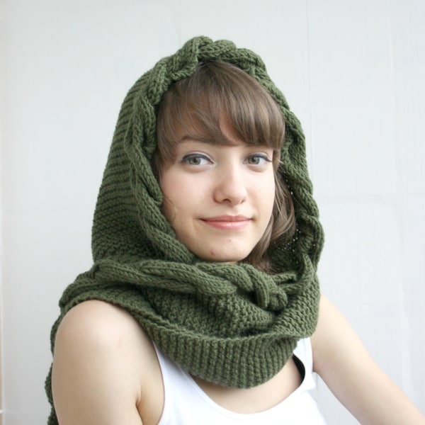 Écharpe longue de câble à capuche en laine verte tricotée à la main, tendances de la mode femme, cadeaux d’automne, écharpe tricotée, cadeau d’extérieur, cadeaux de Noël, cadeau pour elle