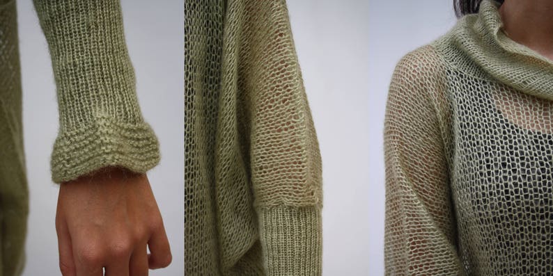 Light Green Loose Knit Angora TurtleNeck Sweater / Oversized Hand-Knitted Long Sleeves Poncho / Knitted Pullover Blouse / Clothing Gift image 10