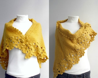 Mustard Yellow Capelet, Crocheted Lace Shawl, Yellow Wool Capelet, Knitted Accessories, Mothers Day gift, Gifts for Her, Gift for Mom