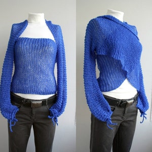 Royal Blue Knit Sleeve Shrug, Multiform Sleeve Scarf, Knitted Bolero, Christmas Gift, Gift For Her, Women Gift, Sleeve Wrap, Crop Cardigan image 2