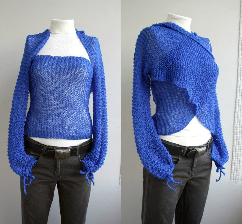 Royal Blue Knit Sleeve Shrug, Multiform Sleeve Scarf, Knitted Bolero, Christmas Gift, Gift For Her, Women Gift, Sleeve Wrap, Crop Cardigan image 2