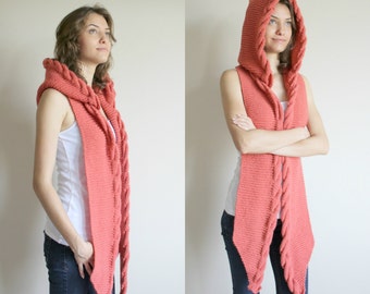 Hand Knit Coral Wool Hooded Cabled Scarf, Cable Long Hoodie Scarves, Autumn Gifts, Knit Scarf, Outdoors Gift, Christmas Gifts, Gift for Her