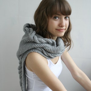 Hand Knit Light Gray Wool Hooded Cable Long Scarf, Woman Fashion Trends ...