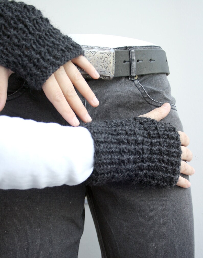 Unisex Charcoal Hand Knitted Fingerless Gloves For Men for women / Christmas gift / Under Usd 25 / Outdoors Gift image 3