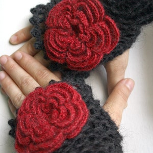 Black Fingerless Gloves With Red Rose Wedding Bridal Gloves Bridesmaids Gloves / Under Usd 50 / Christmas Gift / outdoors gift image 5