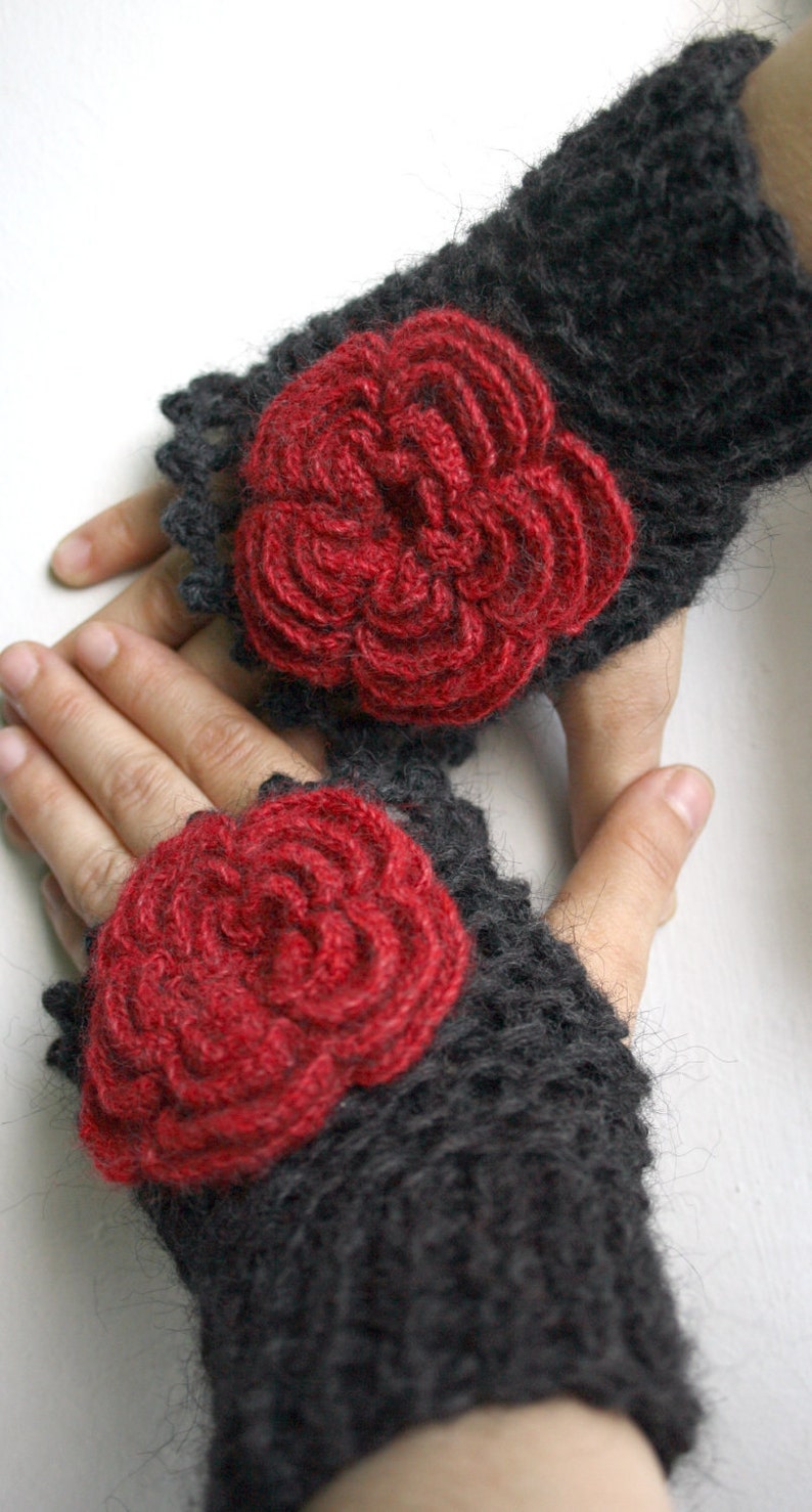 Black Fingerless Gloves With Red Rose Wedding Bridal Gloves Bridesmaids Gloves / Under Usd 50 / Christmas Gift / outdoors gift image 5