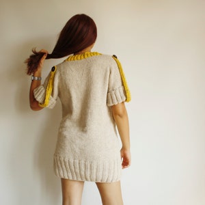 Beige V Neck Knitted Sweater, Short Sleeves Long Sweater, Knit Pullover, Oversized Knit Sweater, Christmas Gift, Gift For Women, Knitted Top image 8