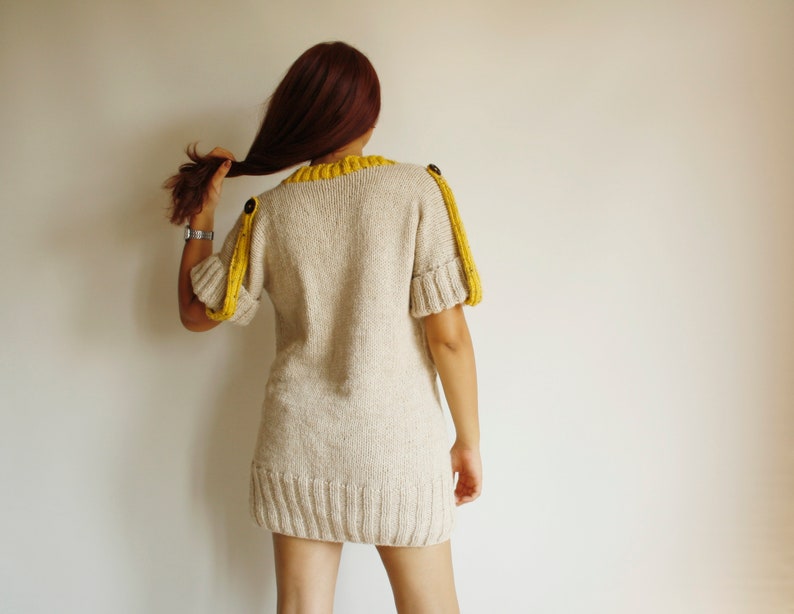 Beige V Neck Knitted Sweater, Short Sleeves Long Sweater, Knit Pullover, Oversized Knit Sweater, Christmas Gift, Gift For Women, Knitted Top image 8