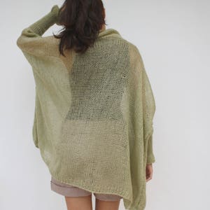 Light Green Loose Knit Angora TurtleNeck Sweater / Oversized Hand-Knitted Long Sleeves Poncho / Knitted Pullover Blouse / Clothing Gift image 9