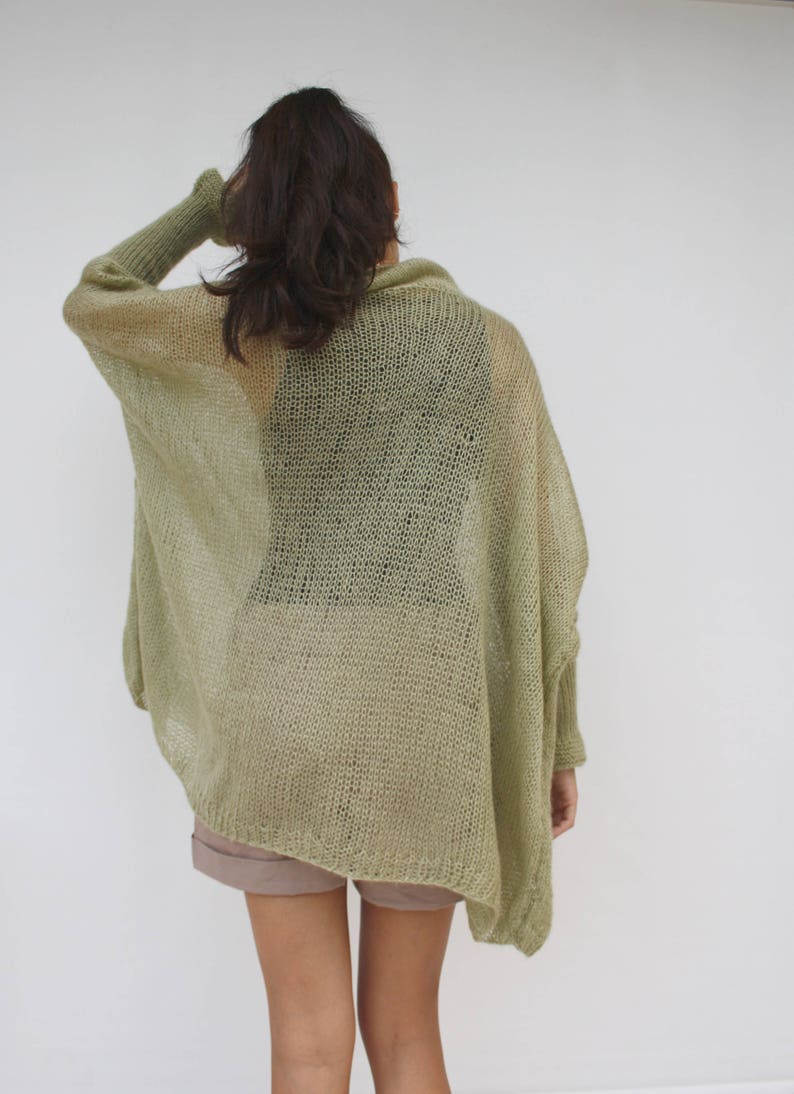 Light Green Loose Knit Angora TurtleNeck Sweater / Oversized Hand-Knitted Long Sleeves Poncho / Knitted Pullover Blouse / Clothing Gift image 9