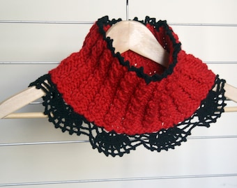 Red  Neckwarmer Cowl with black lace gift under50