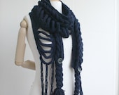 Hand Knit Navy Blue Wool Scarf with Brown Button, Autumn Gifts, Outdoors Gift, Knit Scarf, Gift for Her, Womens Gift, Woman Fashion Trends