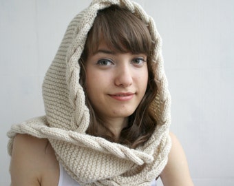 Hand Knit Beige Wool Hooded Cable Long Scarf, Knit Scarf, Mother's day Gift, Gift for Her